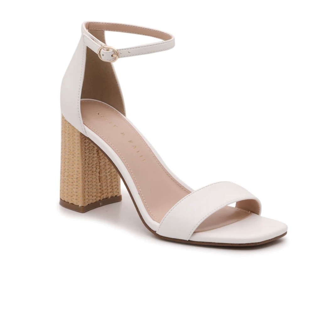 Kelly & Katie white with rafia chunky heel